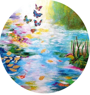 Eine idyllische Landschaft mit Schmetterlingen als runde Vignette