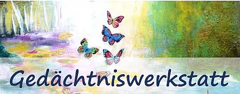 Idyllische Natur mit dem Schriftzug „Gedächtniswerkstatt“
