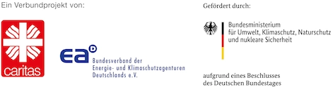 Logos der Verbundpartner Caritas Deutschland, eaD sowie des Bundesministeriums für Umwelt, Klimaschutz, Naturschutz und nukleare Sicherheit